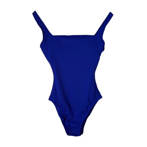Bleu Rob Beattie Blue Ribbed Walk The Line Square Neck One-Piece Swimsuit Sz 4 - Picture 2 of 10